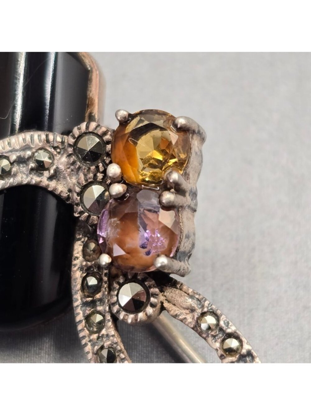 Vintage Art Deco Sterling Silver Onyx Ametrine Citrine Marcasite Brooch Signed - Picture 2 of 15